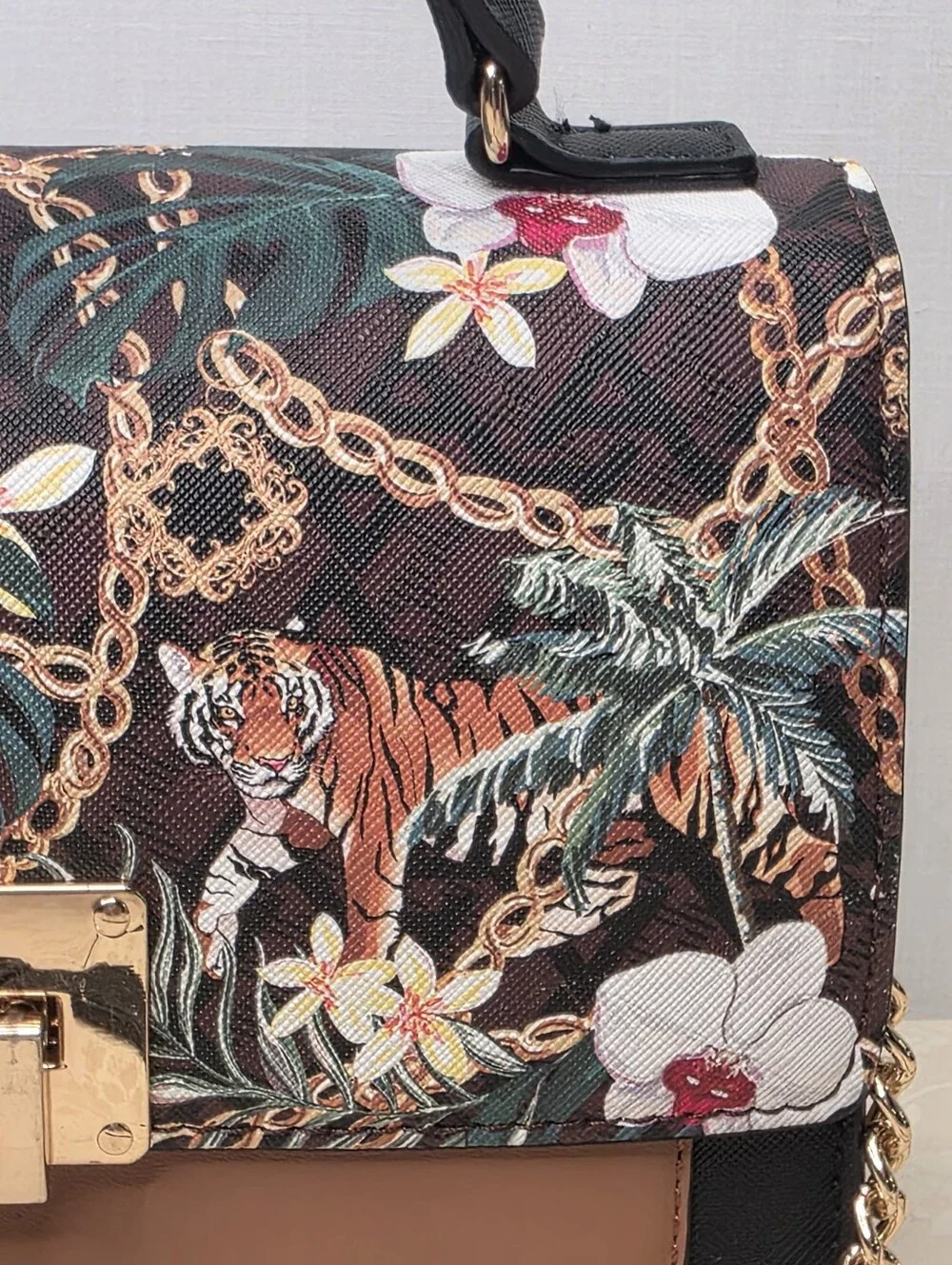 ALDO Tropical Tiger Floral Chain Print Top Handle Crossbody Satchel Bag